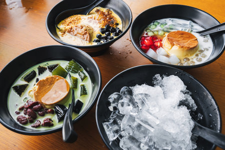 che thai dessert with many colorful pieces of jelly. concept of asian street food, top viewの写真素材