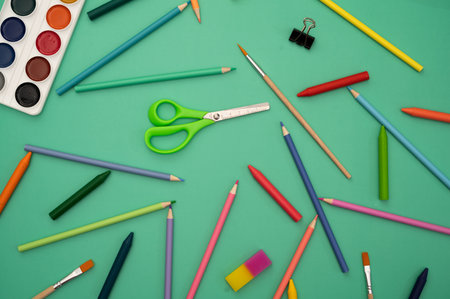 Back to school soon. buying stationery, flat lay, bright background.の写真素材