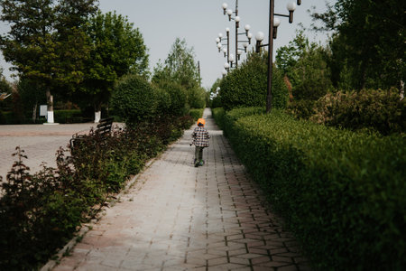 A little boy rides a scooter outdoors in a park among a green hedge. The view from the back. Minimalism.の写真素材