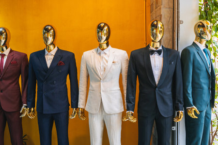 A group of mannequins in mens classic suits stands outside a mens clothing store