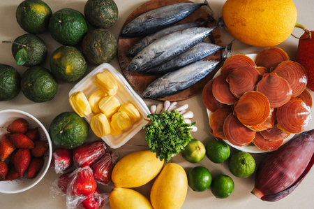 Various fresh products, fish, tropical fruits and vegetables from the market for every tasteの写真素材