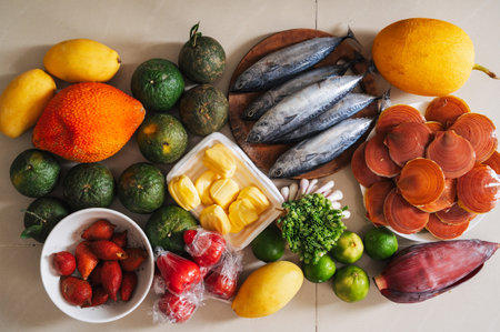 Various fresh products, fish, tropical fruits and vegetables from the market for every tasteの写真素材