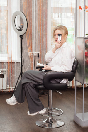 Portrait of a professional makeup artist conducting training on a makeup course.の写真素材