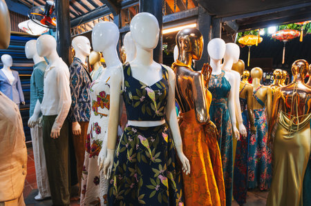 A group of mannequins in bright elegant dresses stands outside a womens clothing storeの写真素材