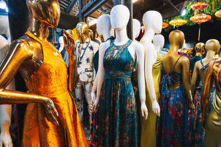 A group of mannequins in bright elegant dresses stands outside a womens clothing storeの写真素材