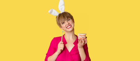 A young woman in bunny ears with an amazing smile with a toothbrush and a jaw model in her hands on a yellow background. A place for your text.の写真素材