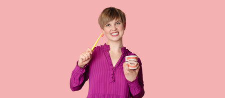 A smiling young woman with a jaw model and a toothbrush on an isolated pink background....