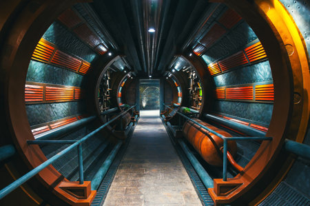 Steampunk interior of a tunnel in an underground nuclear bunker