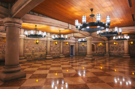 Interior view of the main hall of a medieval European castle with columnsの写真素材