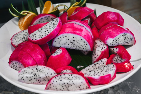 Pitaya, cut into slices. Close-up of a dragon fruit on a white plateの写真素材