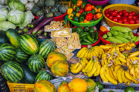 Asian local market with tropical fresh fruitsの写真素材