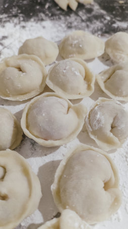 Russian handmade dumplings, production. The raw dumplings were placed on a wooden cooking board.の写真素材