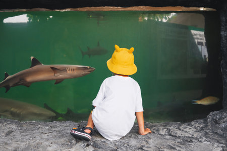 A child looks at sharks in the underwater world at the aquariumの写真素材