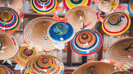 background of non la conical hat, Vietnam. traditional hat of Vietnamese women in Vietnam. Decoration conceptの写真素材