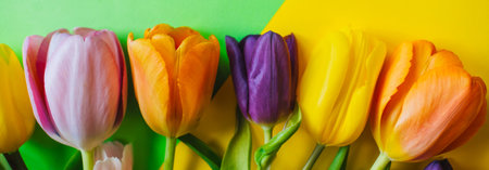 beautiful tulips on a multicolored background. the view from the top. with space for text....