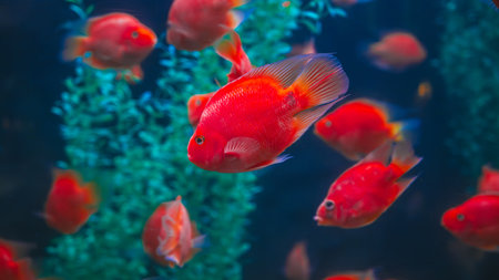 A red cichlid parrot on a blue background in an aquarium.の写真素材