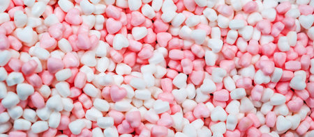 Panoramic background of sweet pink and white candy heartsの写真素材