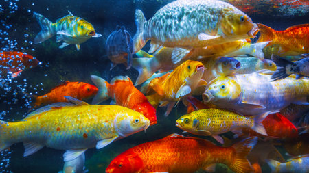 There are many colorful koi fish swimming in the aquarium.の写真素材