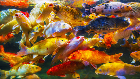Lots of colorful koi fish swim in the aquarium.の写真素材