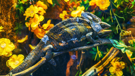 Close-up of the veiled chameleon is a species of chameleons native to the Arabian Peninsula.の写真素材