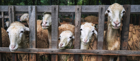 panoramic view of A herd of domestic wool sheep grazing on straw in a pen on a farm. The number of sheep on agricultural landの写真素材