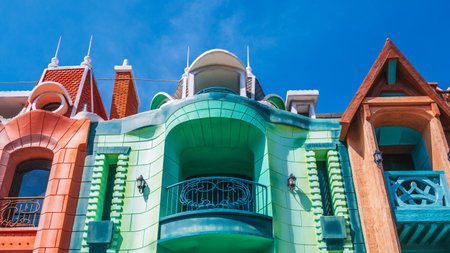 Panoramic view of Colorful facades of houses in European town.の写真素材