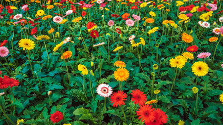 floral background of bright multicolored flowering gerberas growing in the gardenの写真素材