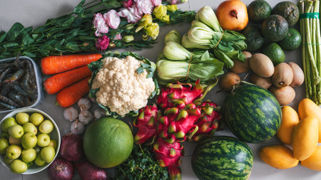 grocery set of vegetables, fruits and seafood purchased at the local market in Asiaの写真素材