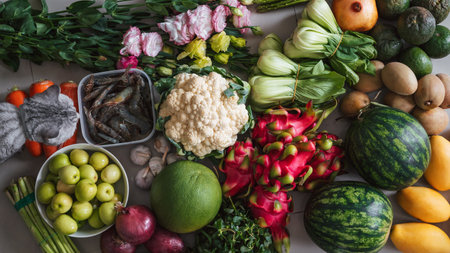 grocery set of vegetables, fruits and seafood purchased at the local market in Asiaの写真素材