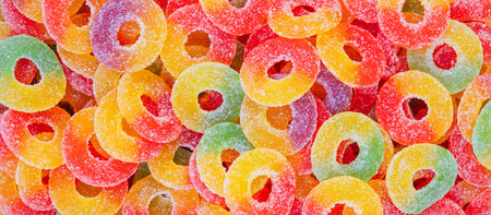 Assorted multi-colored marmalade candies. Jelly candy background. View from above. panoramicの写真素材