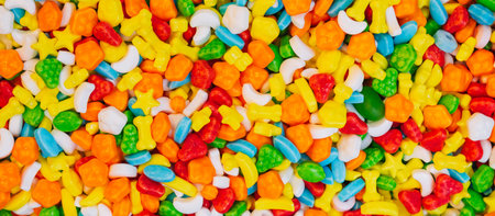 Panoramic background of assorted colorful candies. View from above.の写真素材
