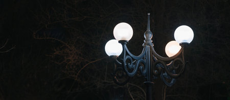 A Beautifully Illuminated Vintage Street Lamp Standing Tall in a Night Scene Settingの写真素材