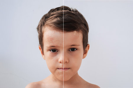 The face of a child infected with the Coxsackie virus. Spots, Blisters and a rash on the boys face.の写真素材