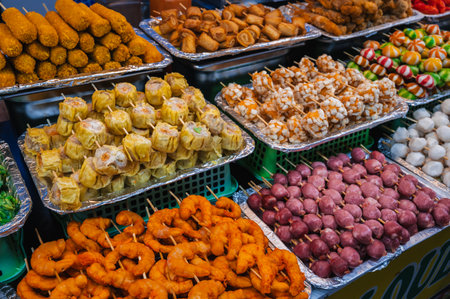 Fish and meat mix barbecue close up in South East Asian food marketの写真素材