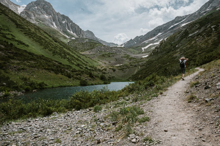 Greenery on the shore of Lake Sairam su, the purest water, the landscape of the mountains in Shymkent.の写真素材