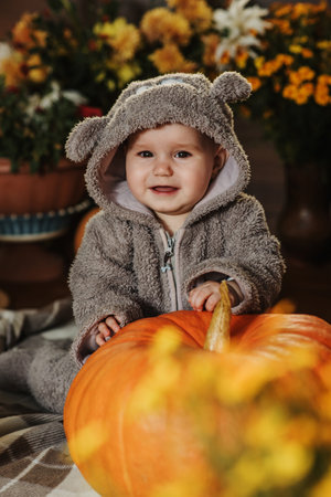 A happy baby is sitting on the porch of his house surrounded by pumpkins.の写真素材