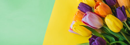 tulips on a yellow-green background. the view from the top. with space for text. Horizontal wide photo subtitle, cover. copy-spaceの写真素材