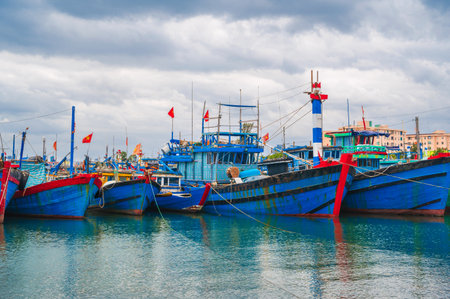Lively floating village and fishing harbor in Da Nang, Vietnamの写真素材
