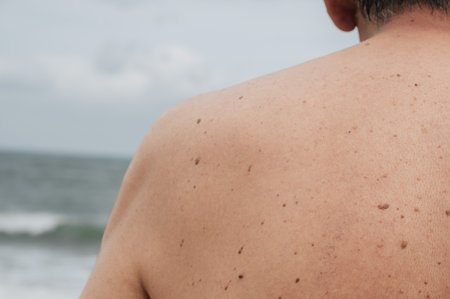 The back of an elderly man with freckles, aging spots, black, brown warts and wrinkles.の写真素材