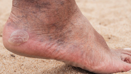Bare male feet with a large callus on the heel and venous dilatation of veins.の写真素材