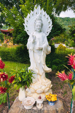 White Buddha statue surrounded by tropical plants in a garden in Asia.の写真素材
