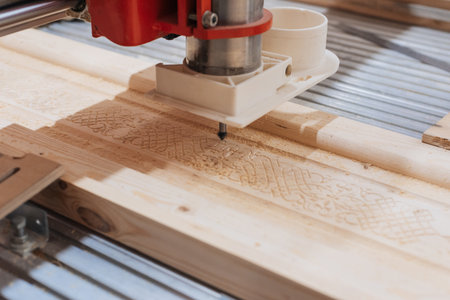 Close-up of automated machine cutting wooden board. Creative. Professional machine for industrial carving of wooden productsの写真素材