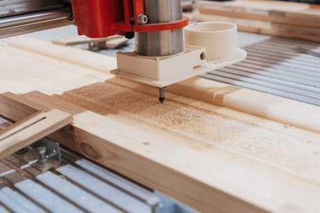 Close-up of automated machine cutting wooden board. Creative. Professional machine for industrial carving of wooden productsの写真素材