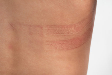 Bra marks on the back. The girl rubbed her back with her underwear. Uncomfortable bra. The wrong size underwear. Traces of clothing on the body.の写真素材