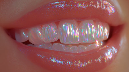 close-up of a smiling female mouth with ultra-glossy lips and surreal translucent even teeth made of crystal or opal. Panoramic.の素材