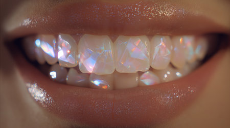 close-up of a smiling female mouth with ultra-glossy lips and surreal translucent even teeth made of crystal or opal. Panoramic.の素材