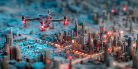 A remote-controlled drone flying over a model city. An unmanned aerial vehicle with a camera that takes photos and videosの素材