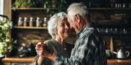 Wide shot of an elderly couple dancing together in a cozy kitchen, bathed in soft natural light. The couple is smiling and relaxed, enjoying a simple joyful momentの素材