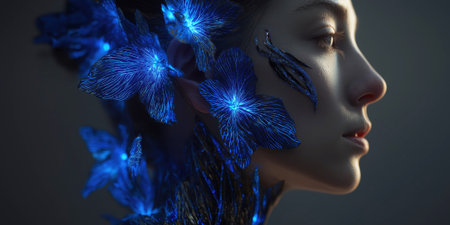 Post-human hybrid portrait, skin with subtle bioluminescent veins, synthetic flower petals growing from hair, dark sci-fi studio lighting, futuristic biotechnology concept.の素材