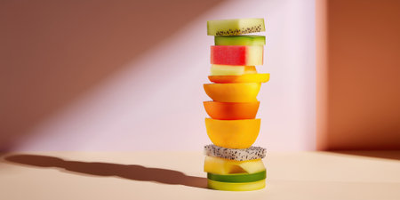 Creative food art, colorful stack of perfectly sliced exotic fruits forming geometric tower, minimal pastel background, dramatic lighting, high-contrast shadows.の素材